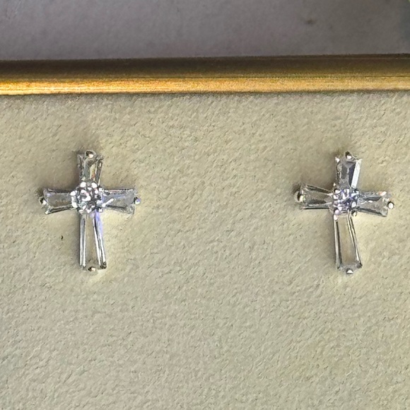 Crystal Cross Post Earrings In Silver Made with Swarovski Crystals - Picture 1 of 10